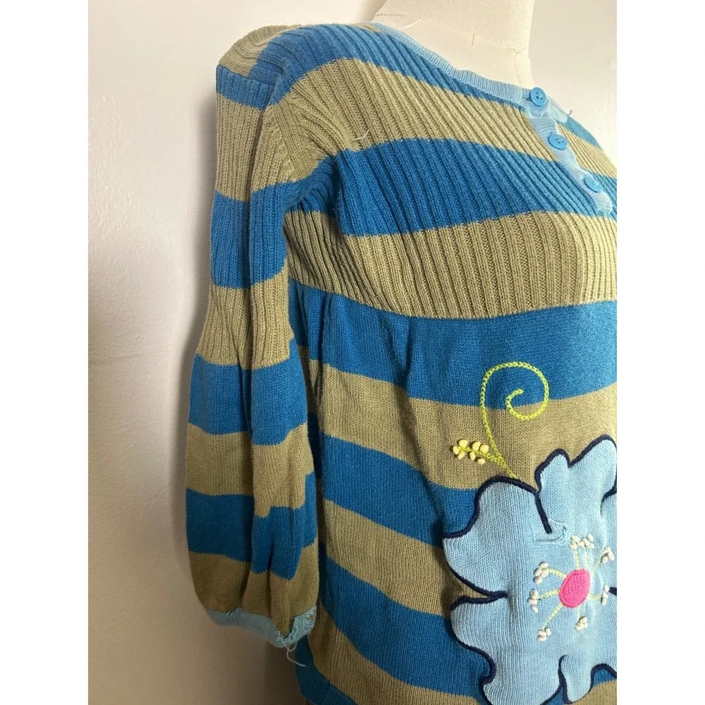 Kids Blue Khaki Striped Flower Applique Sweater Top Long Sleeve Henley‎